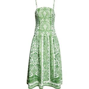FARM Rio Women's Green White Floral Delicate Tapestry Midi Dress Size Large NWOT
